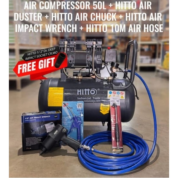 [ HITTO ] 50L AIR COMPRESSOR PACKAGE AIR IMPACT WRENCH FOR AUTOMOTIVE WORKSHOP / PAKEJ KOMPRESOR ANGIN UNTUK BENGKEL AUTOMOTIVE ( C/W HITTO HT-238 ½”  AIR IMPACT WRENCH 425FT/LB & HITTO HIGH QUALITY AIR CHUCK ) 